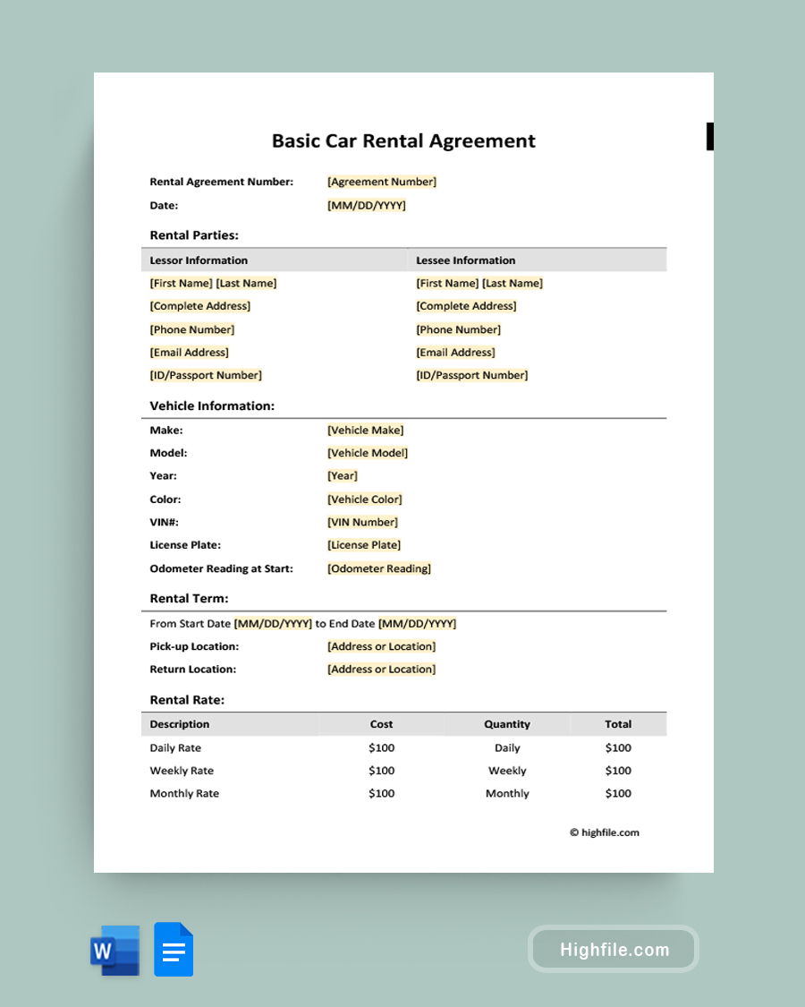 Basic Car Rental Agreement - Word, Google Docs