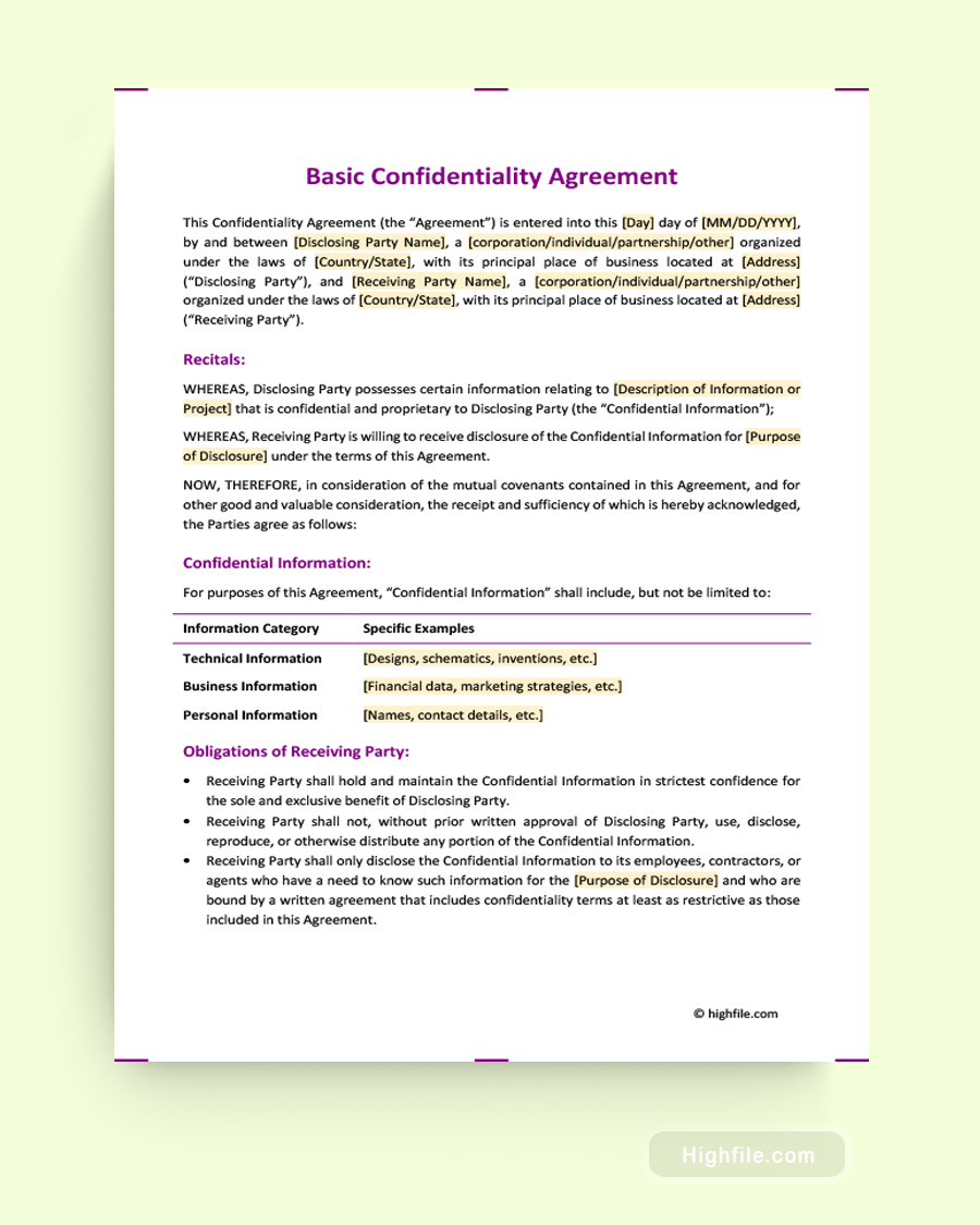 Basic Confidentiality Agreement - Word, Google Docs