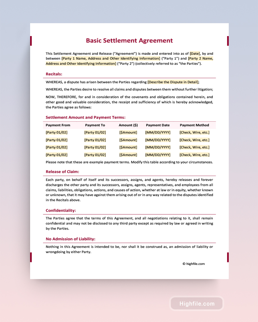 Basic Settlement Agreement - Word, Google Docs