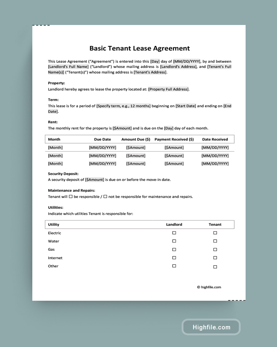 Basic Tenant Lease Agreement - Word, Google Docs