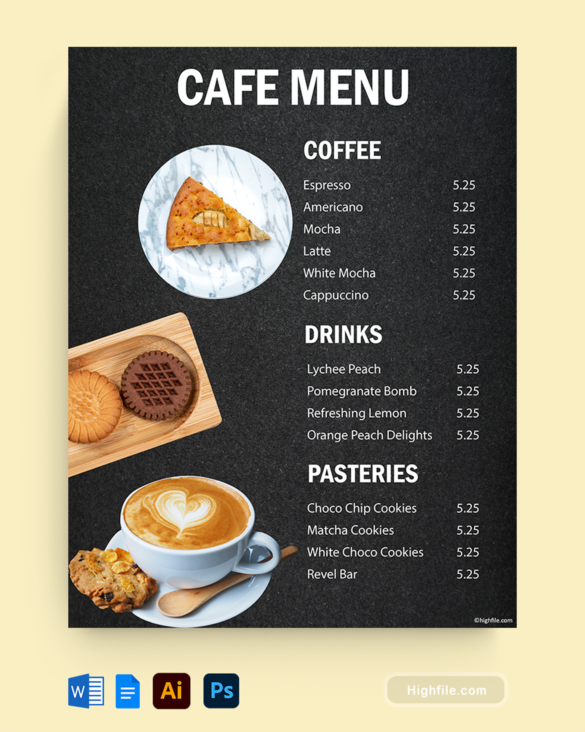 Black Cafe Menu Template  - Word, Google Docs, Adobe Illustrator, Adobe Photoshop
