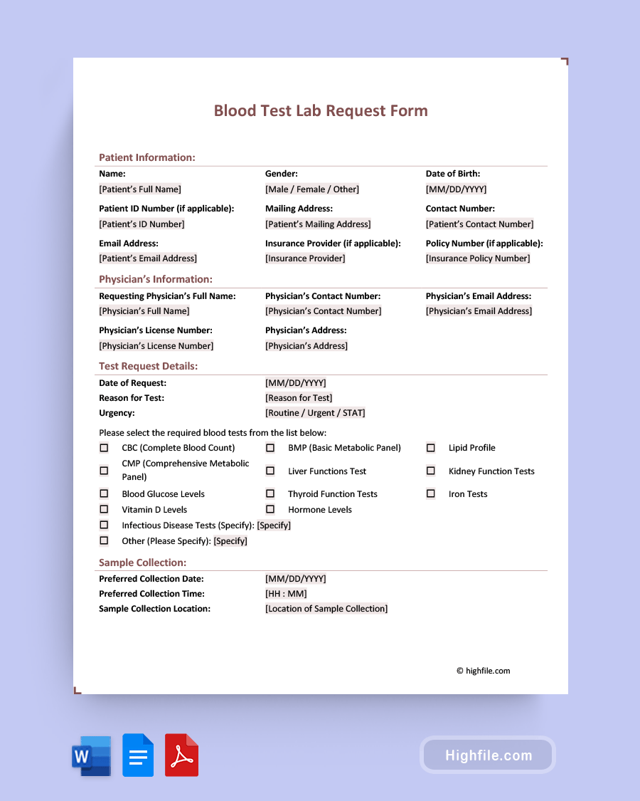 Blood Test Lab Request Form - Word, PDF, Google Docs