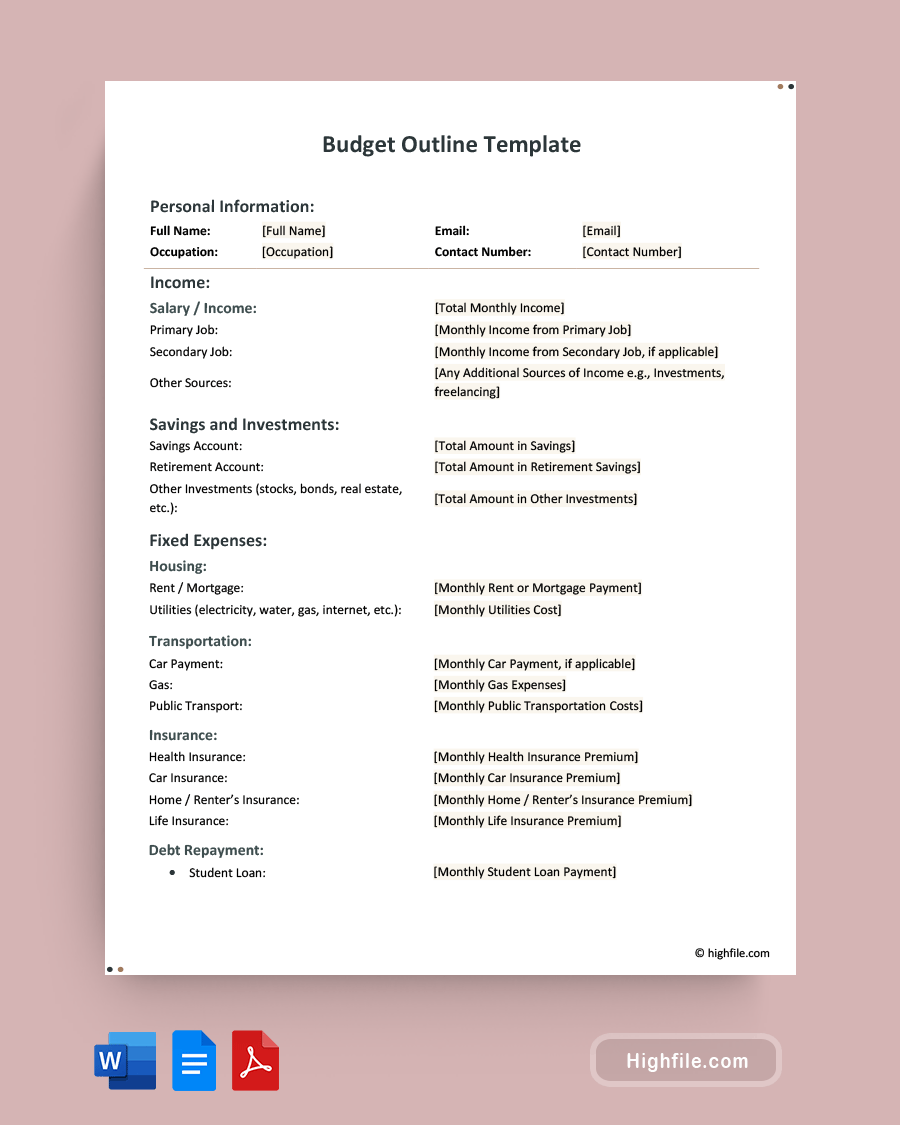 Budget Outline Template - Word, PDF, Google Docs