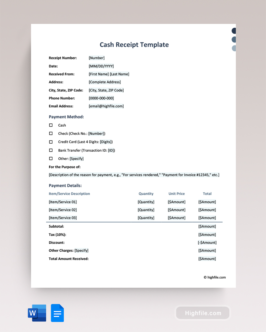 Cash Receipt Template - Word, Google Docs