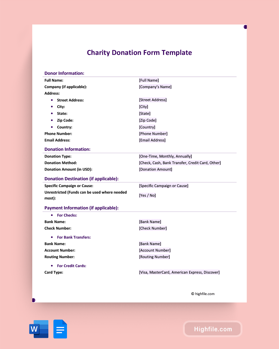 Charity Donation Form Template - Word, Google Docs