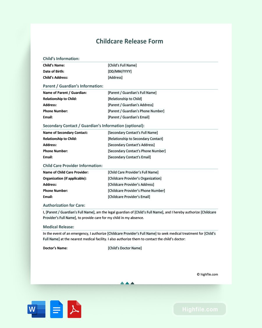Childcare Release Form - Word, PDF, Google Docs