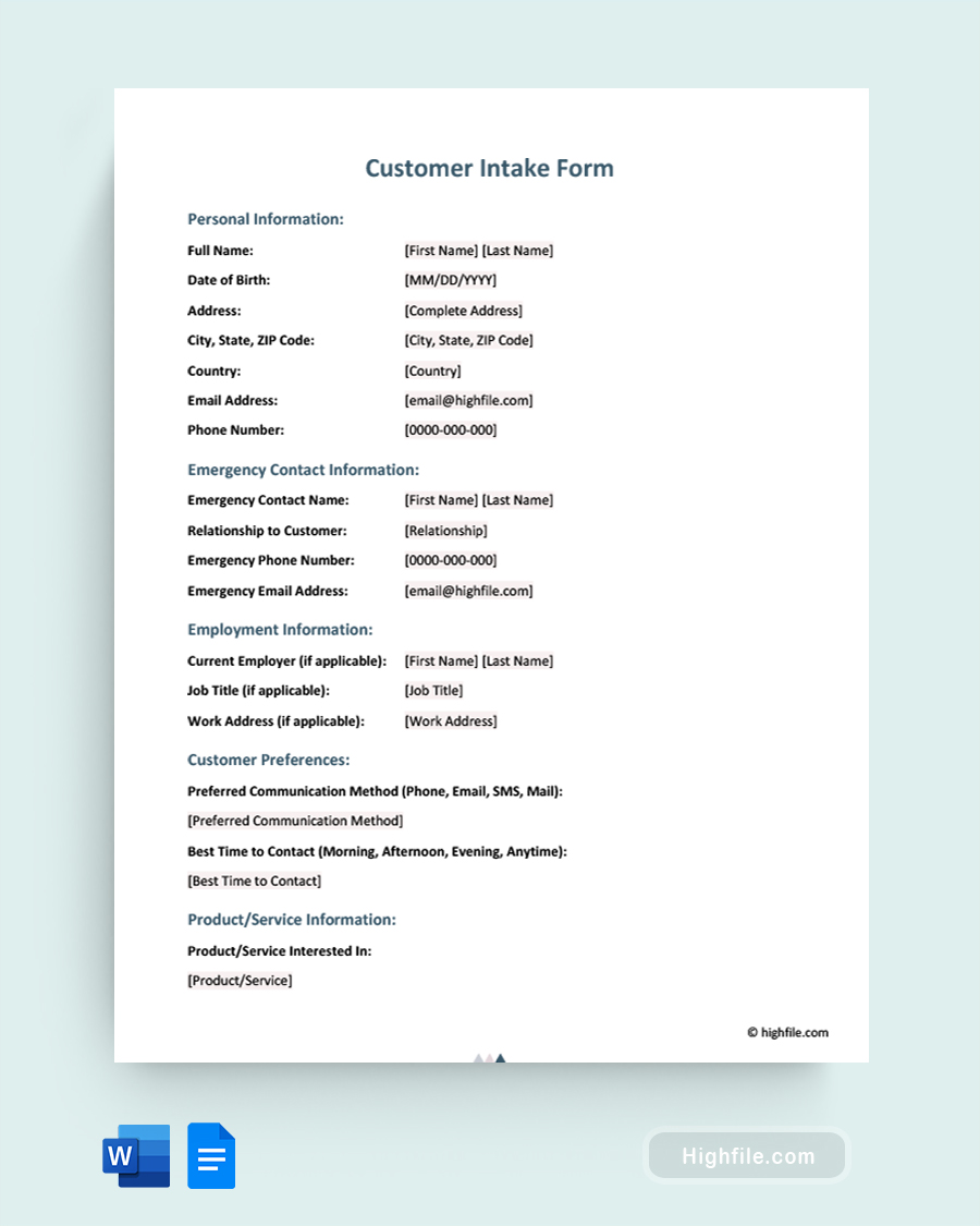 Customer Intake Form - Word, Google Docs