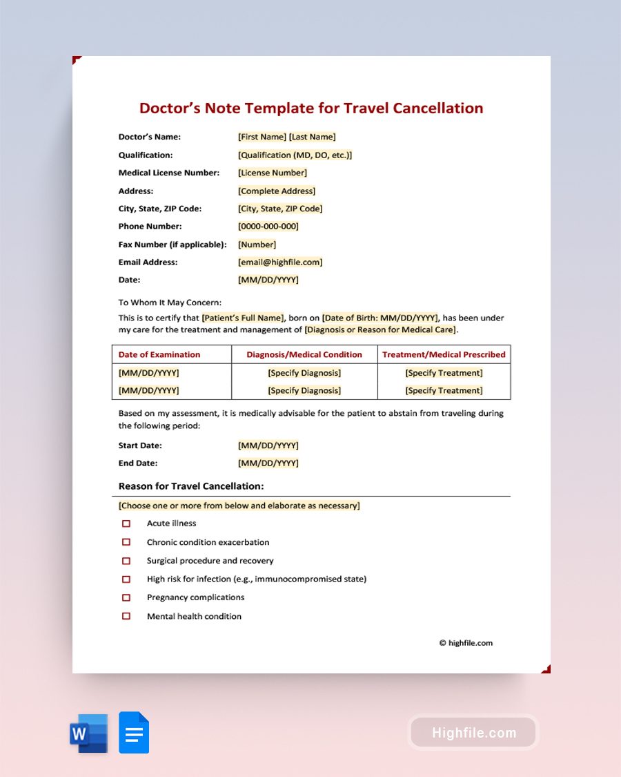 Doctor's Note Template for Travel Cancellation - Word, Google Docs