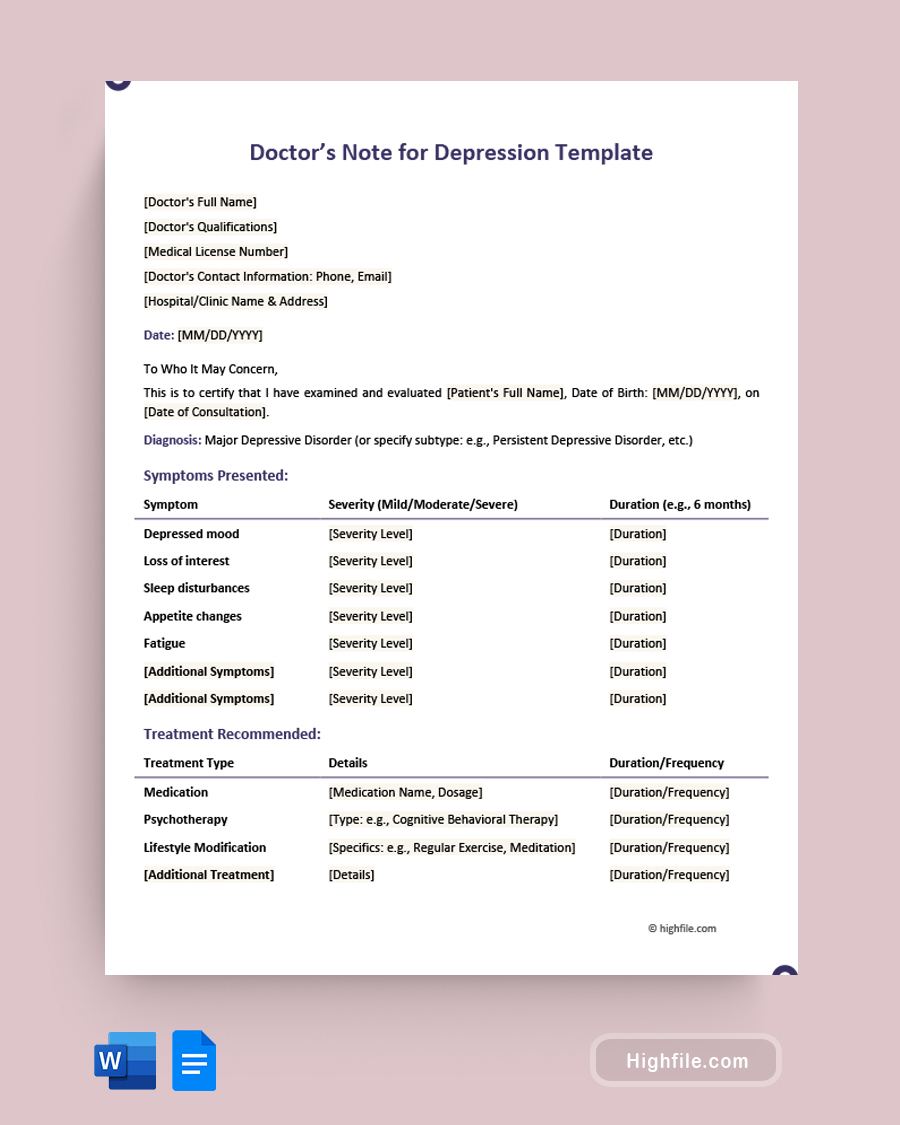 Doctor's Note for Depression Template - Word, Google Docs