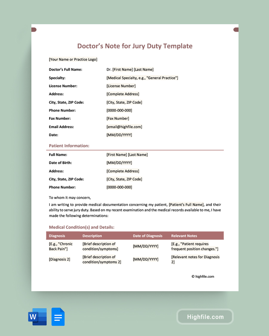 Doctor's Note for Jury Duty Template - Word, Google Docs