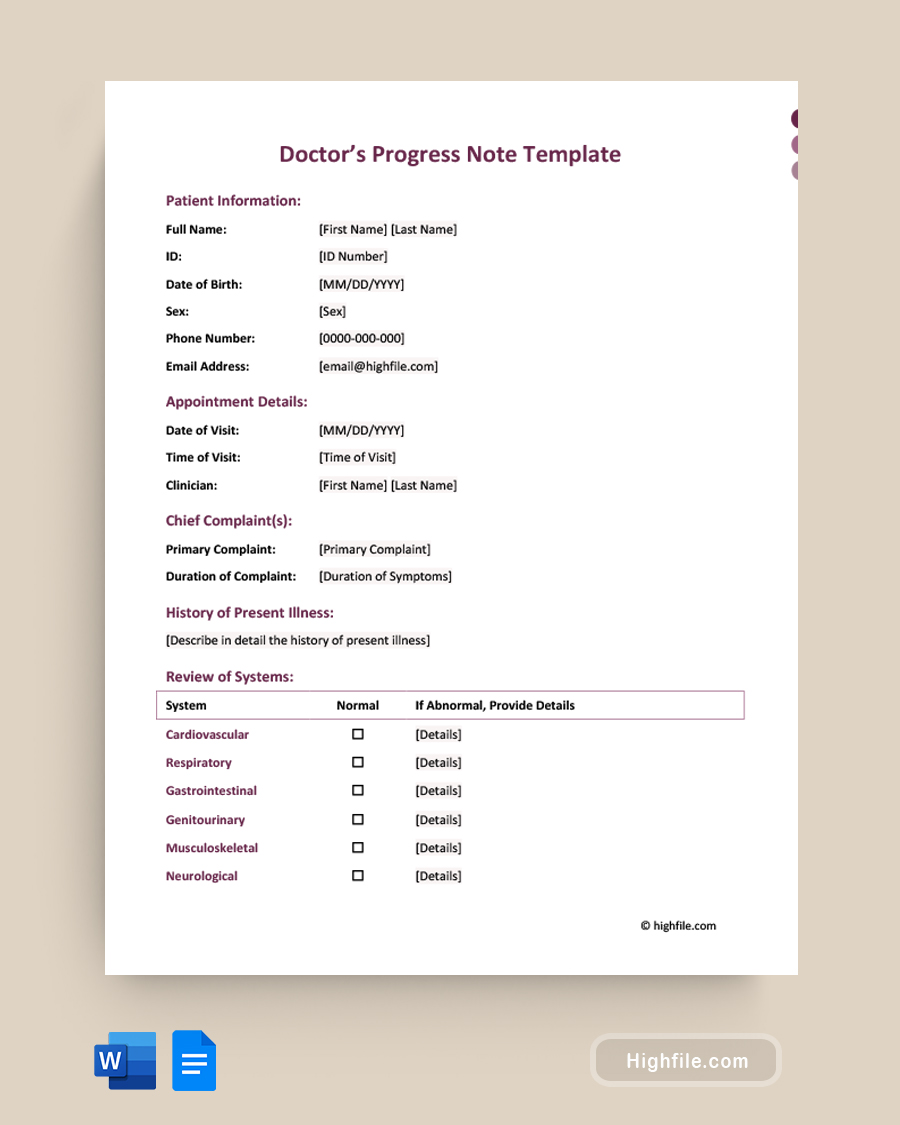 Doctor's Progress Note Template - Word, Google Docs