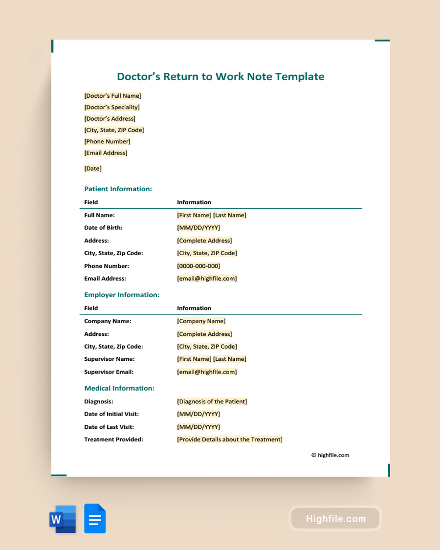 Doctor's Return to Work Note Template - Word, Google Docs
