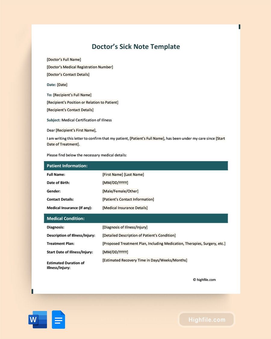 Doctor's Sick Note Template - Word, Google Docs