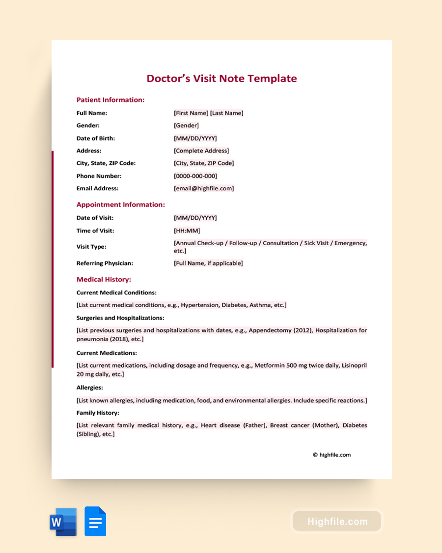 Doctor's Visit Note Template - Word, Google Docs