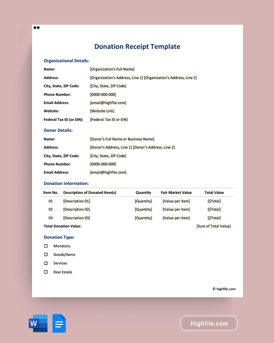 Donation Receipt Template - Word, Google Docs