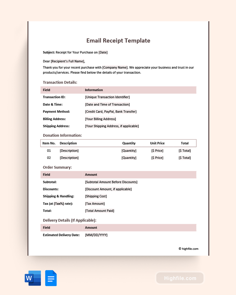 Email Receipt Template - Word, Google Docs