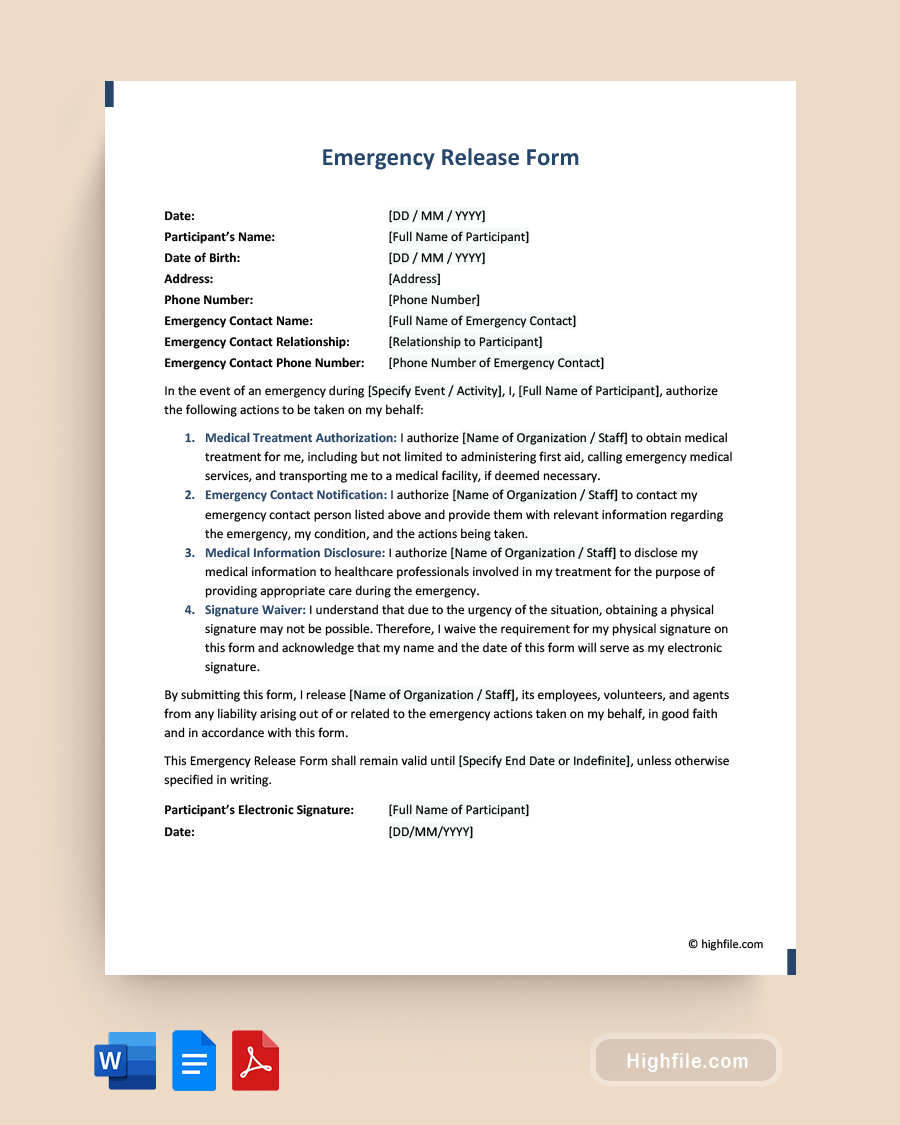 Emergency Release Form - Word, PDF, Google Docs