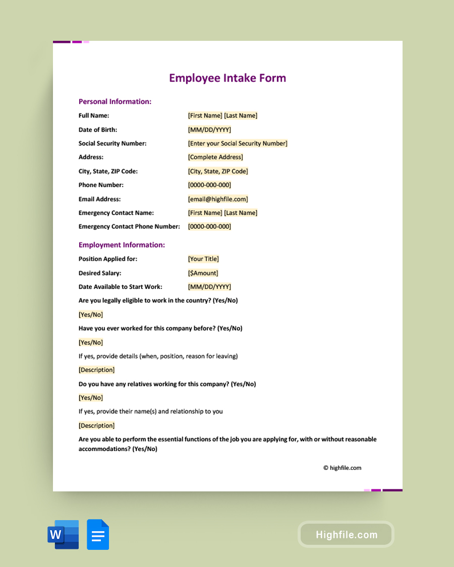 Employee Intake Form - Word, Google Docs