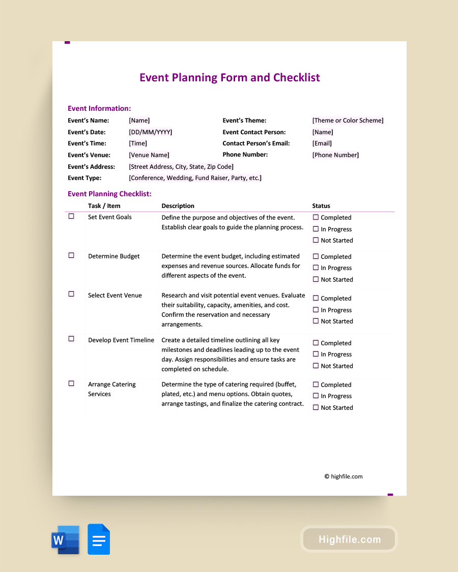 Event Planning Form and Checklist - Word, Google Docs