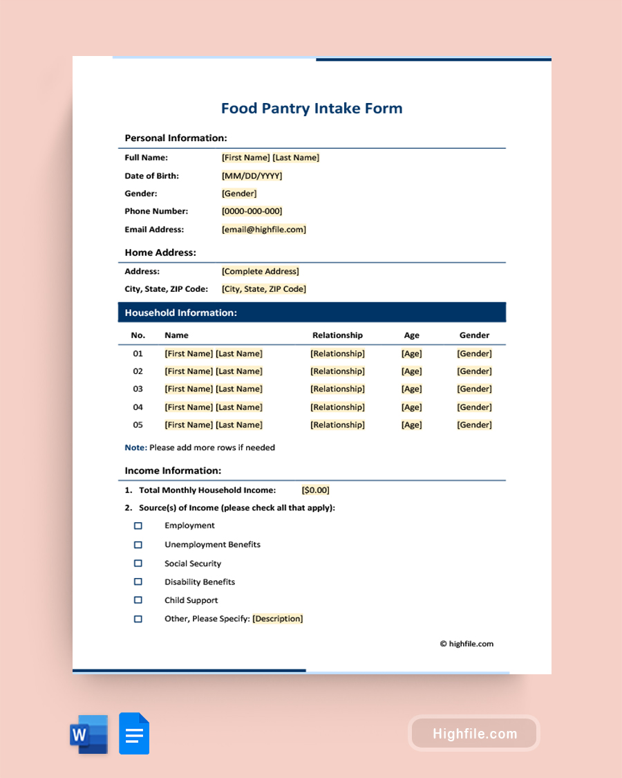 Food Pantry Intake Form - Word, Google Docs