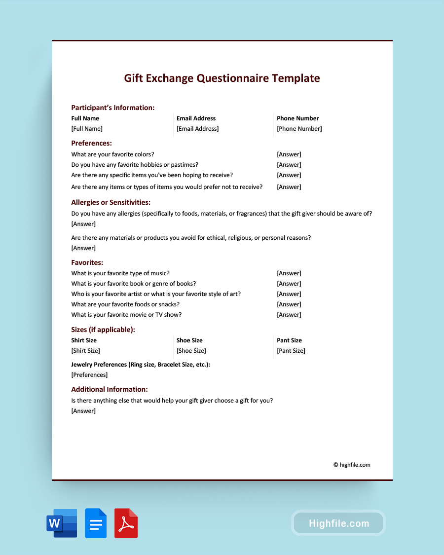 Gift Exchange Questionnaire Template - Word, PDF, Google Docs