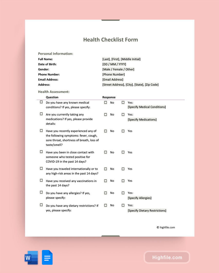 Health Checklist Form - Word, Google Docs
