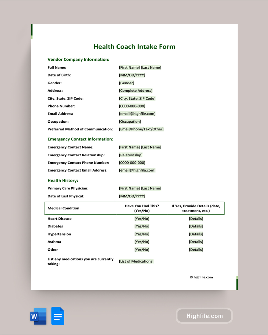 Health Coach Intake Form - Word, Google Docs