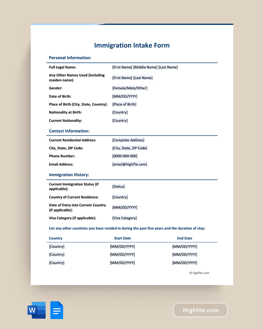 Immigration Intake Form - Word, Google Docs