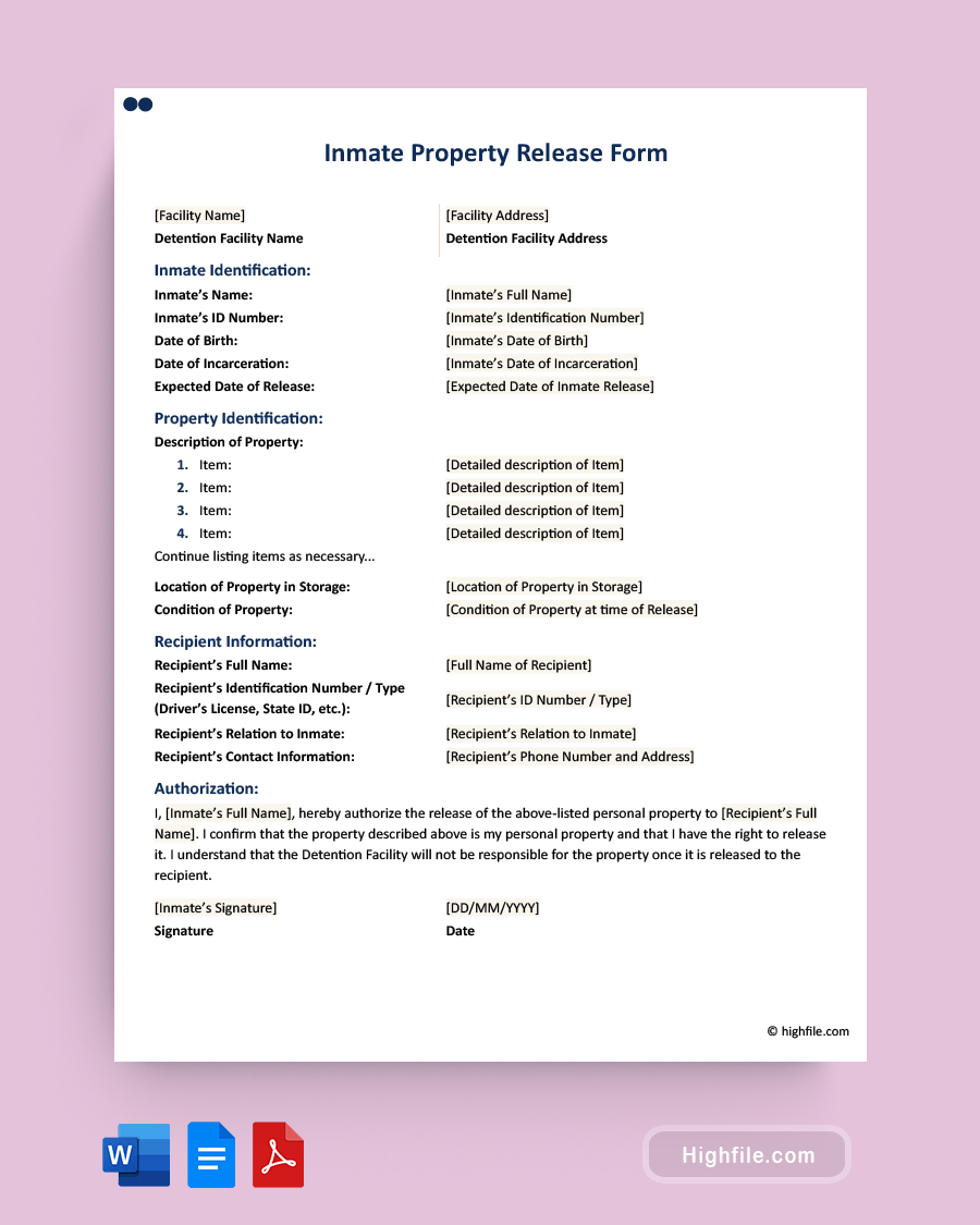 Inmate Property Release Form - Word, PDF, Google Docs