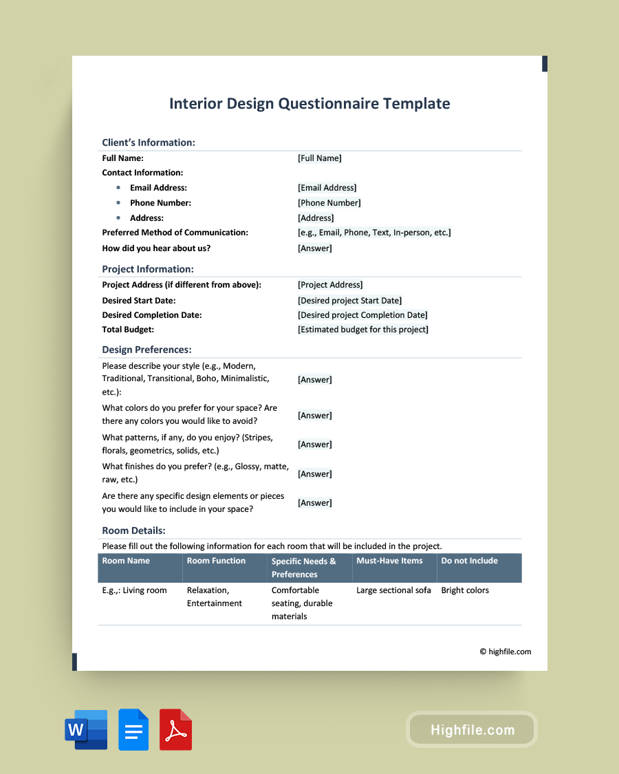 Interior Design Questionnaire Template - Word, PDF, Google Docs