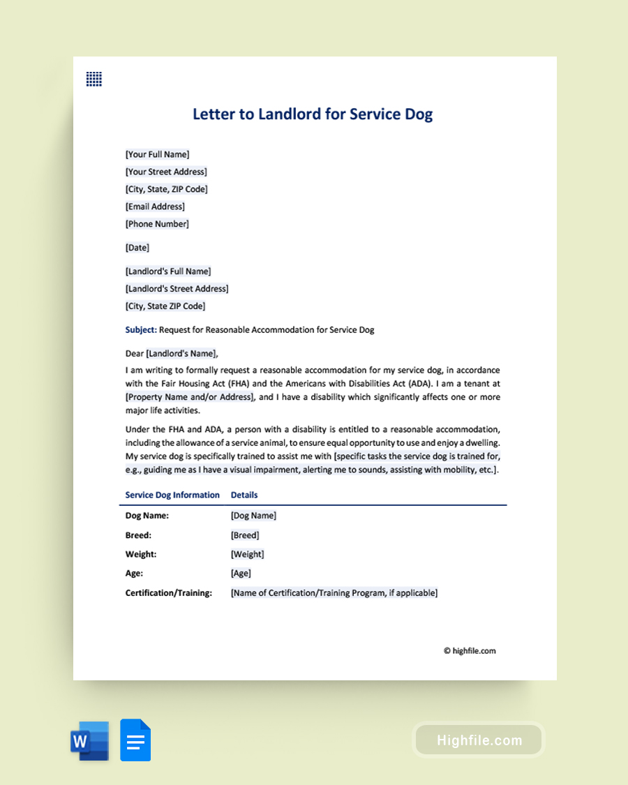 Letter to Landlord for Service Dog - Word, Google Docs