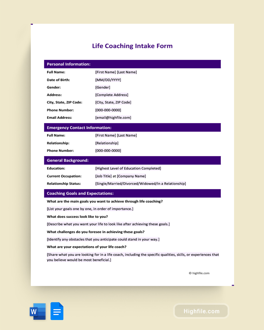 Life Coaching Intake Form - Word, Google Docs