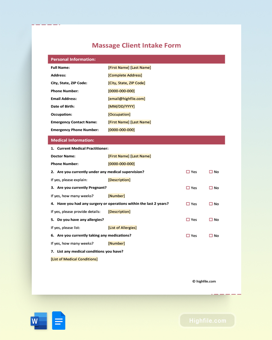 Massage Client Intake Form - Word, Google Docs