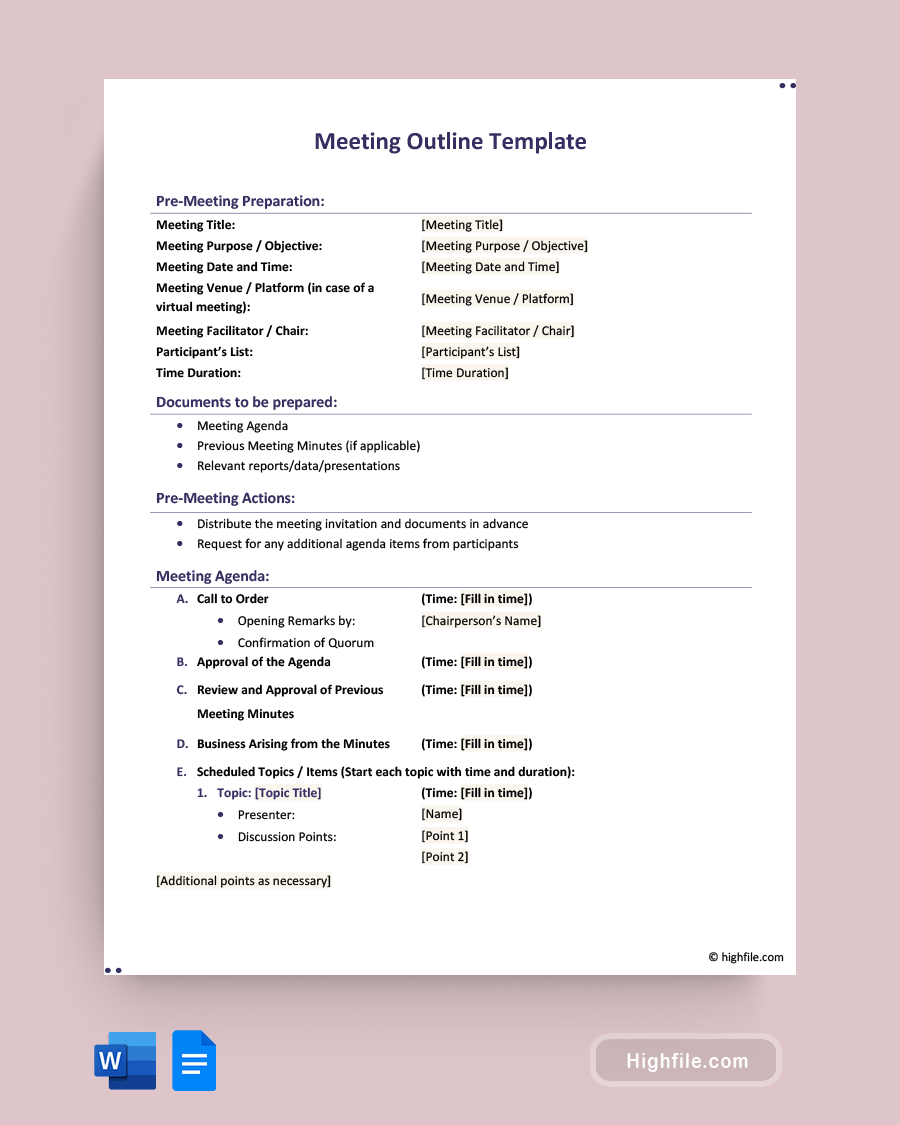 Meeting Outline Template - Word, Google Docs