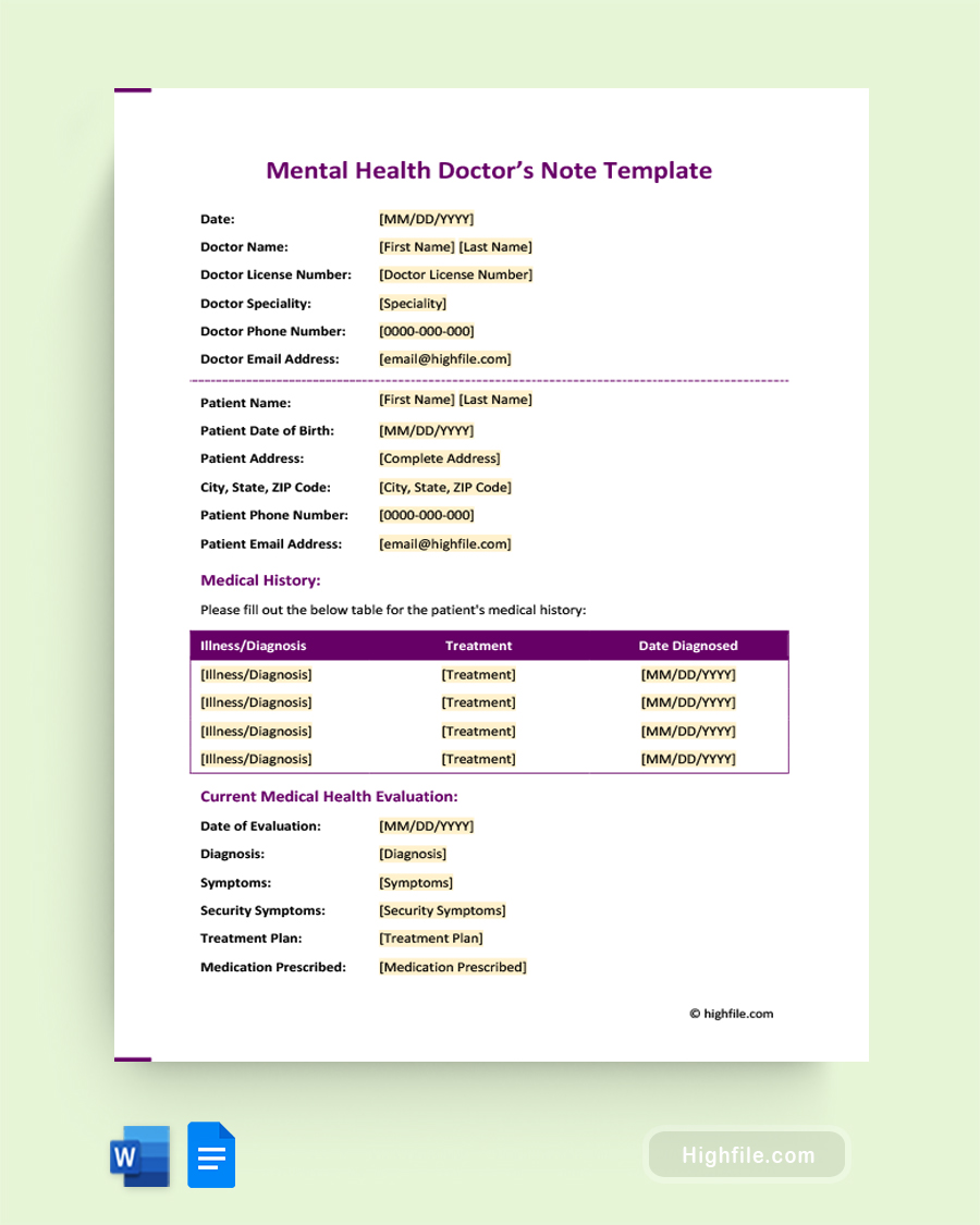 Mental Health Doctor's Note Template - Word, Google Docs