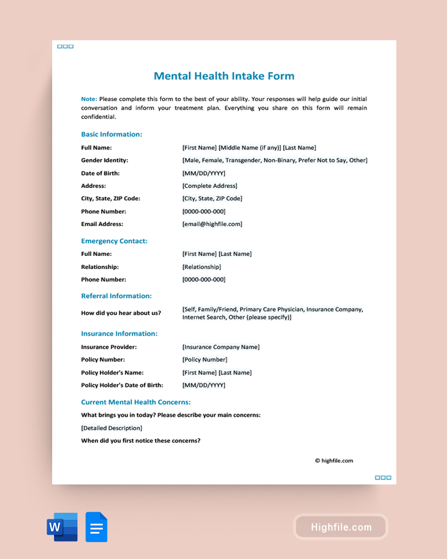 Mental Health Intake Form - Word, Google Docs