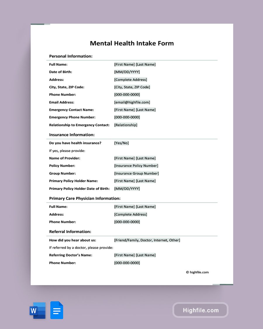Mental Health Intake Form - Word, Google Docs