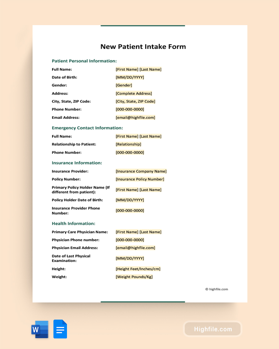 New Patient Intake Form - Word, Google Docs