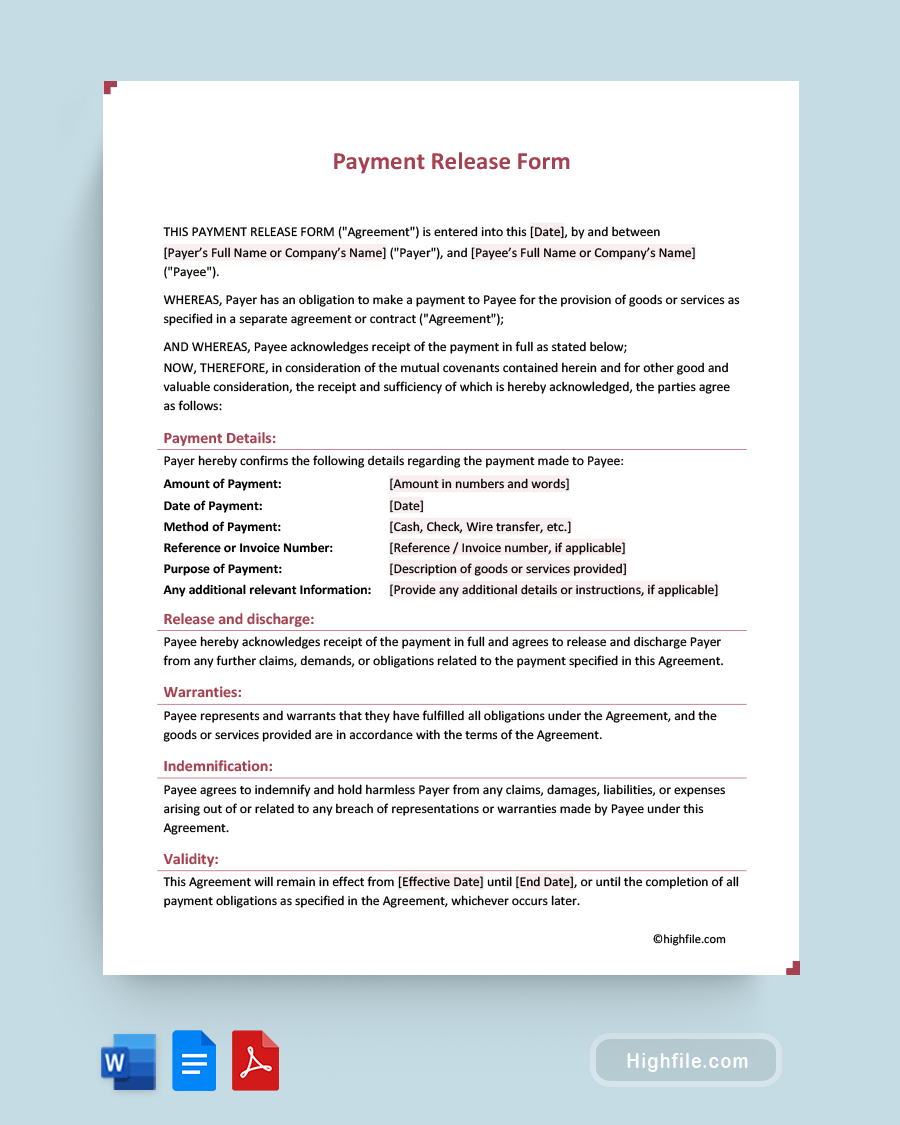 Payment Release Form - Word, PDF, Google Docs