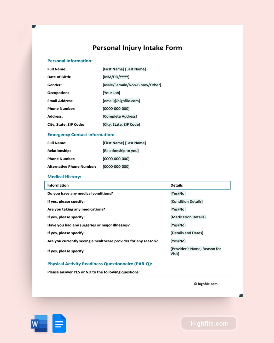 Personal Injury Intake Form - Word, Google Docs