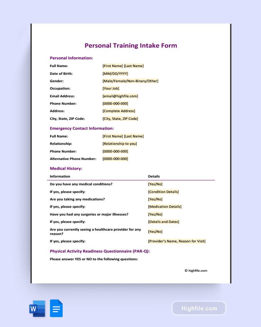 Personal Training Intake Form - Word, Google Docs