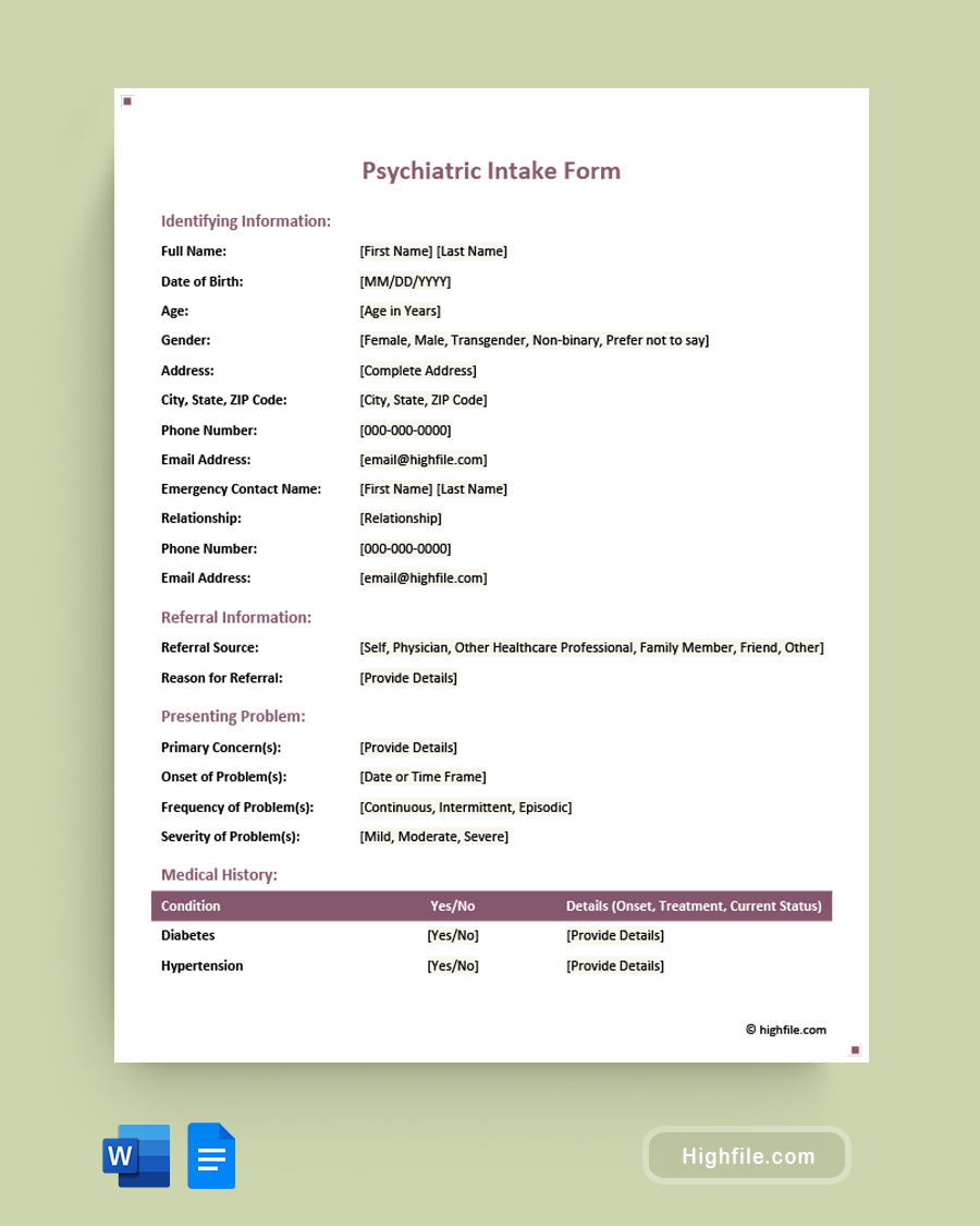 Psychiatric Intake Form - Word, Google Docs