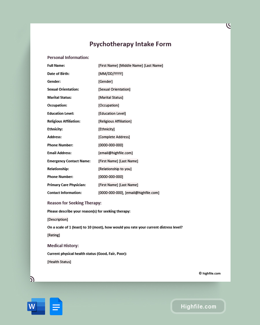 Psychotherapy Intake Form - Word, Google Docs
