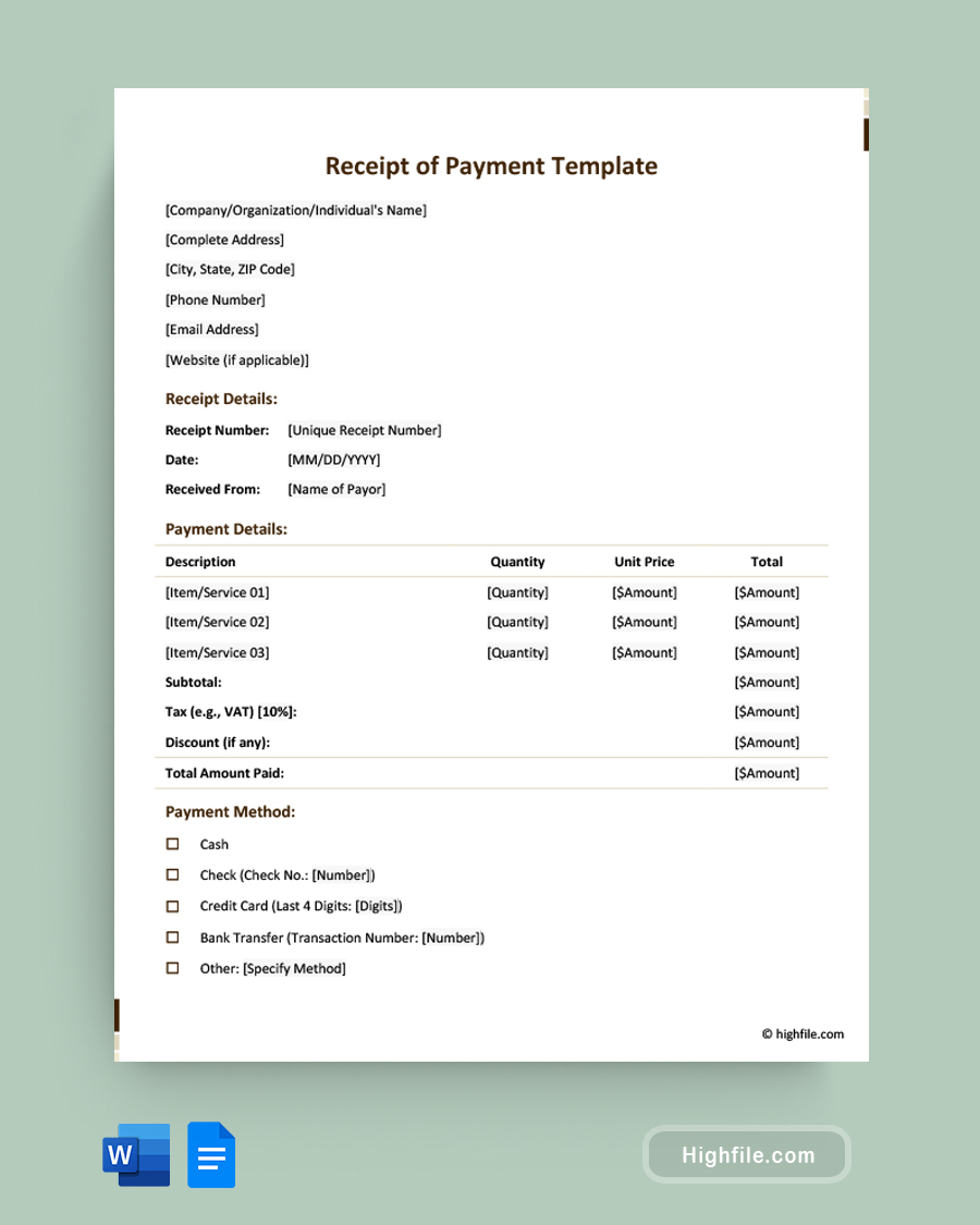 Receipt of Payment Template - Word, Google Docs