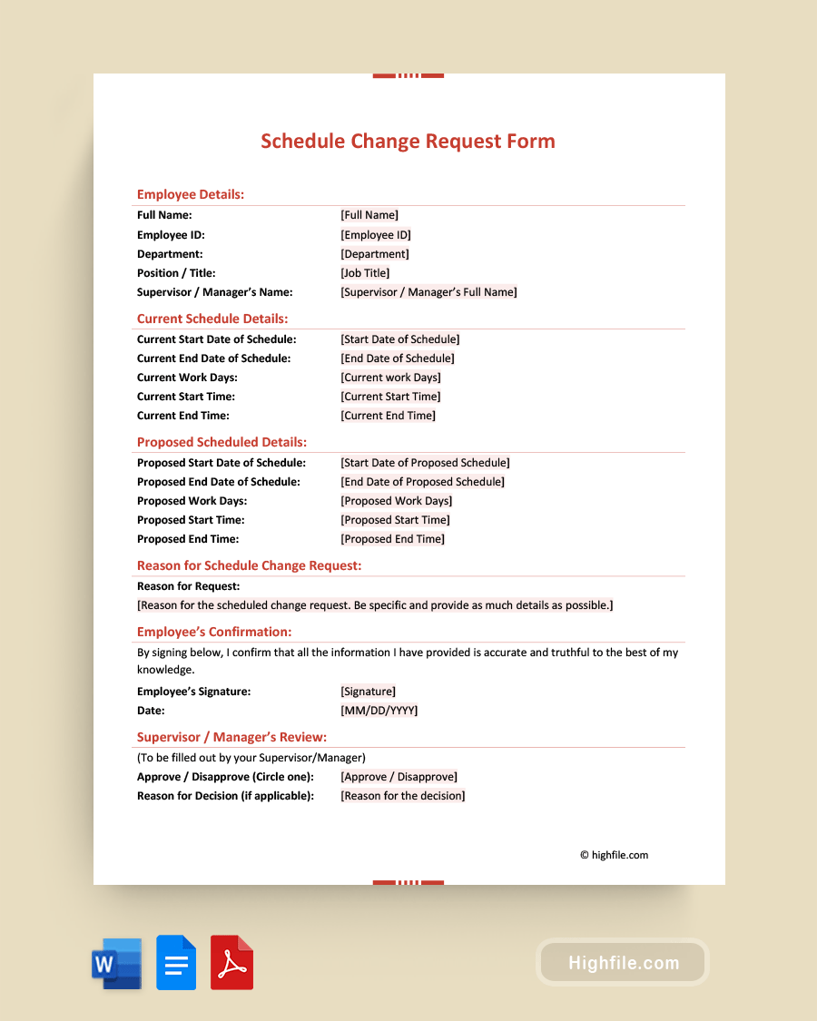 Schedule Change Request Form - Word, PDF, Google Docs