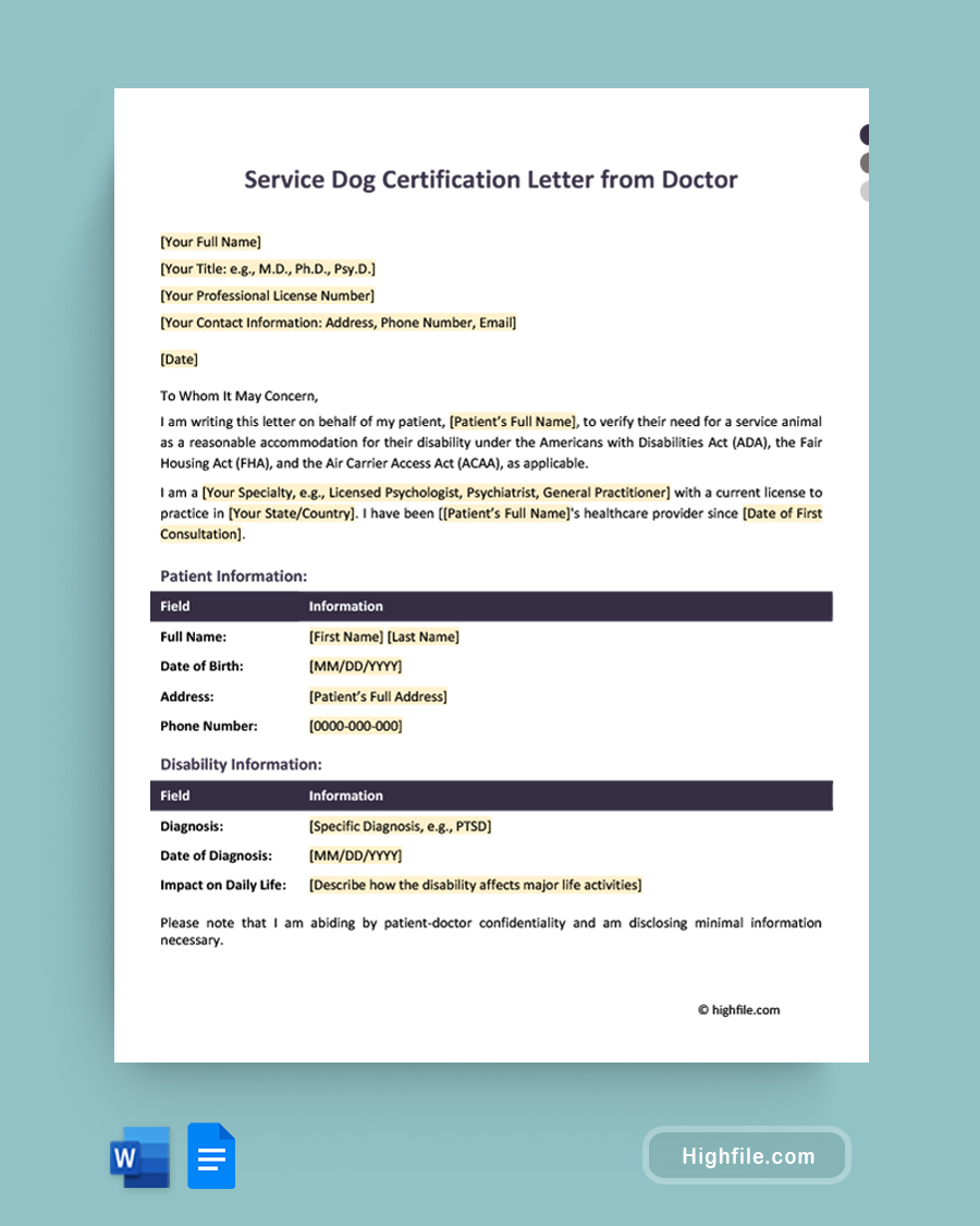 Service Dog Certification Letter from Doctor - Word, Google Docs