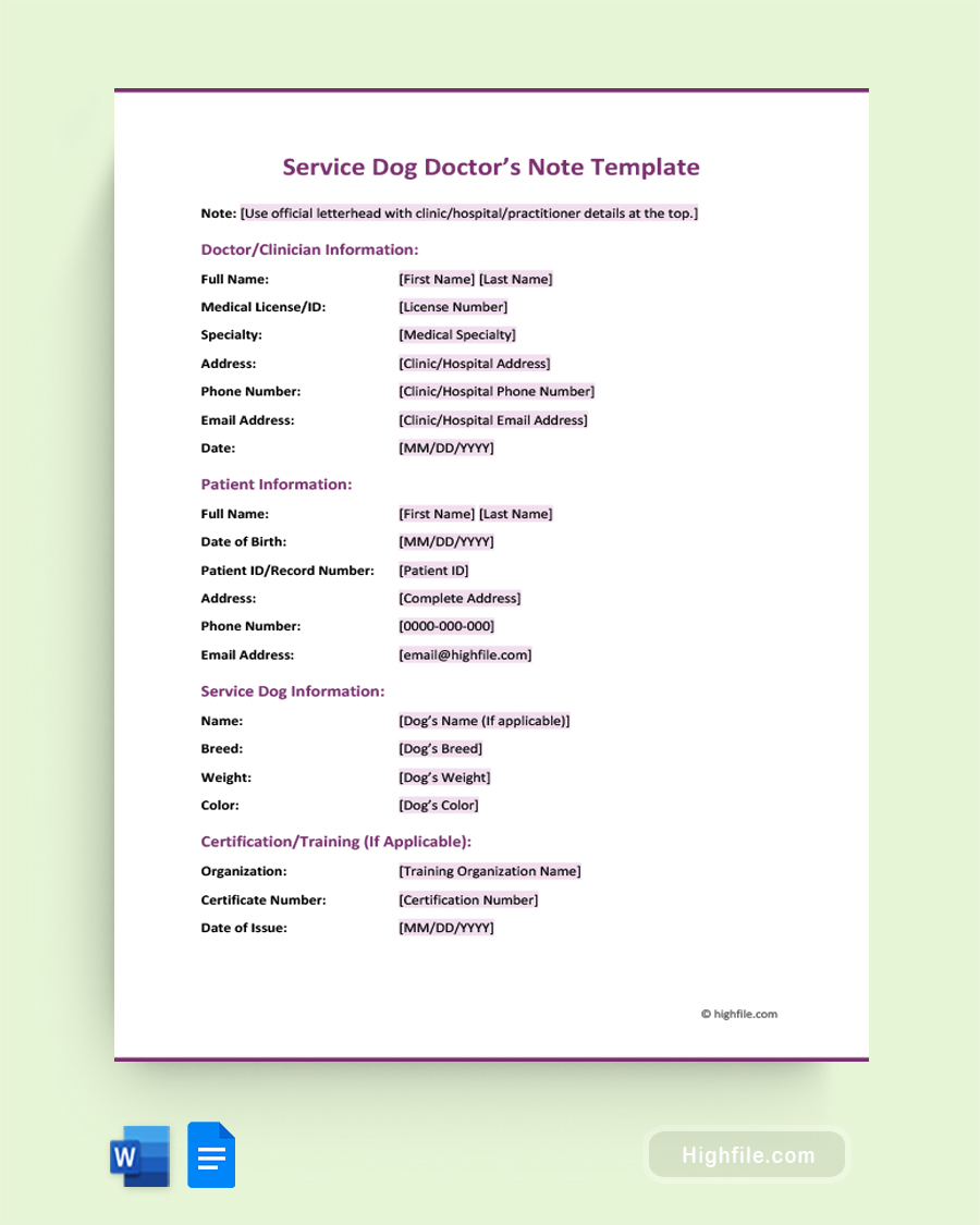 Service Dog Doctor's Note Template - Word, Google Docs