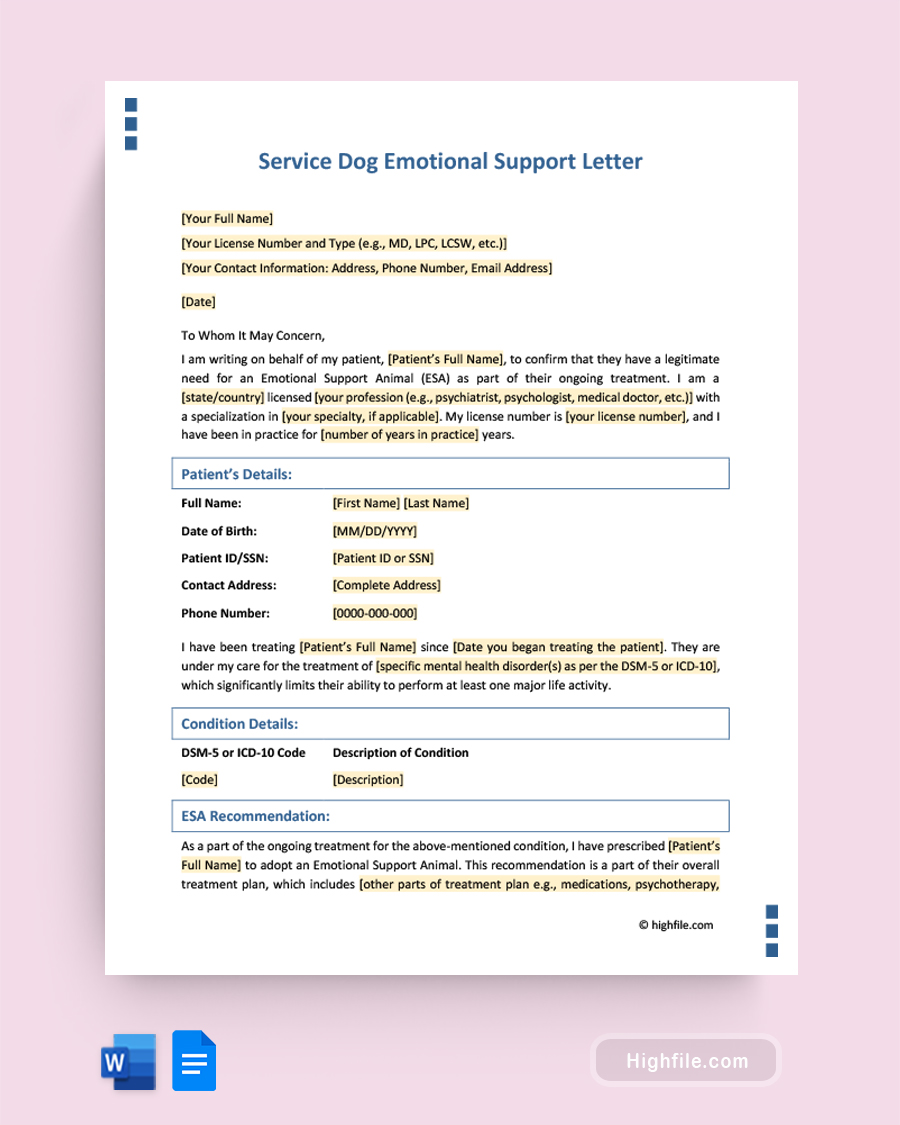 Service Dog Emotional Support Letter - Word, Google Docs