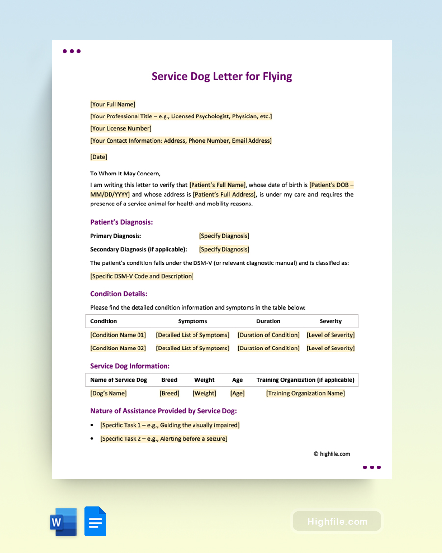 Service Dog Letter for Flying - Word, Google Docs