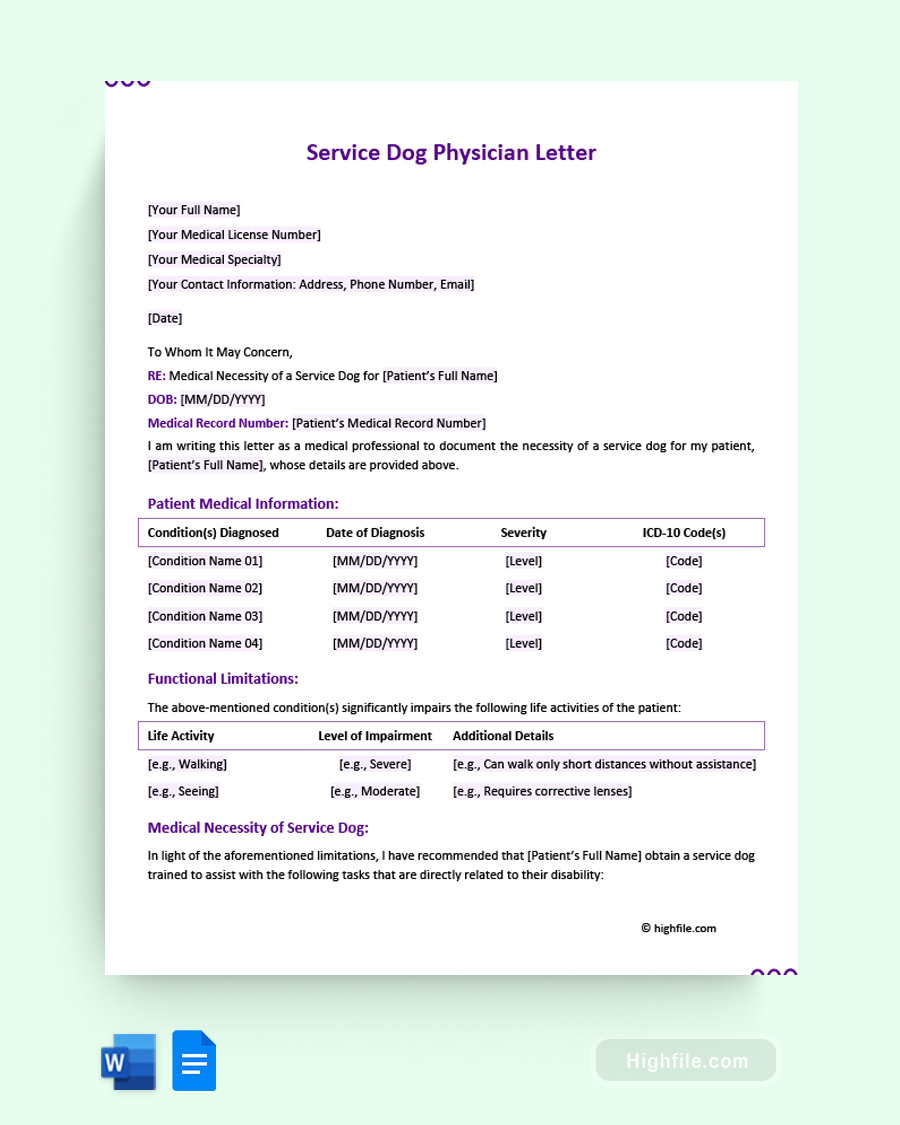 Service Dog Physician Letter - Word, Google Docs